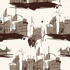 Grunge elegance ink splash seamless pattern of city