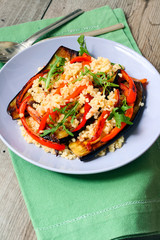 Charred aubergine, pepper and bulghar salad