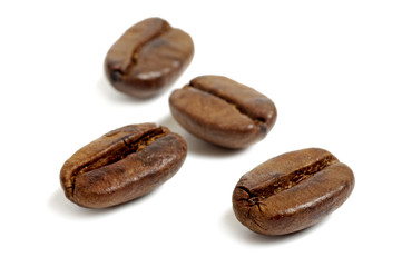 Four coffee beans on white background