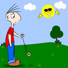 A cartoon boy playing with a yo-yo in the park