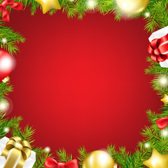 Christmas Red Background With Ribbon And Xmas Ball
