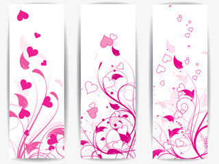 Set of cards with floral background and hearts