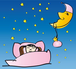 Dziewczyna śpi z księżycem i gwiazdami - zasypia i śpi pięknie