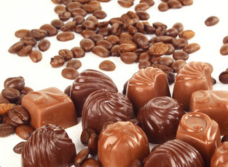 sweet chocolate candies and coffee