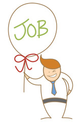 cartoon character of  man holding balloon with the new job label