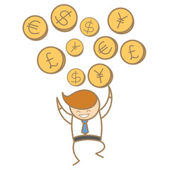 cartoon character of  man happy trading various currency