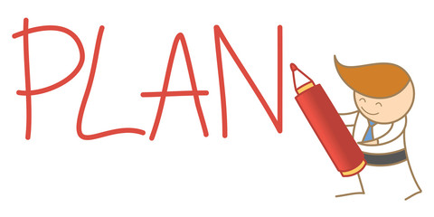 cartoon character of  man writing a plan word