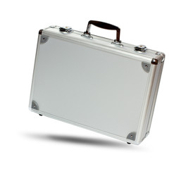 Silver metal briefcase on white background