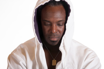 African American in sweat suit jacket with hood