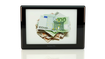 Tablet pc with money in 3d