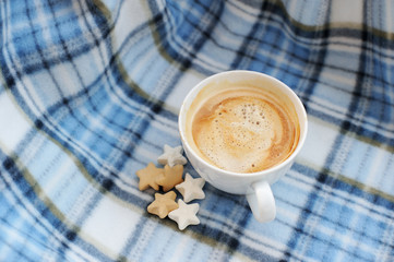 Cup of cappuccino and cookies on plaid
