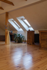Cloudy home - attic with wooden finish, classic interior - obrazy, fototapety, plakaty