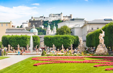 Mirabell Gardens and Fortress Hohensalzburg in Salzburg, Austria