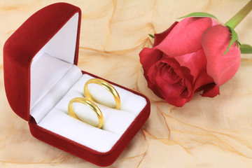 A pair of wedding rings and a red rose