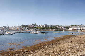 overview Camaret Sur Mer village and harbor on a sunny day