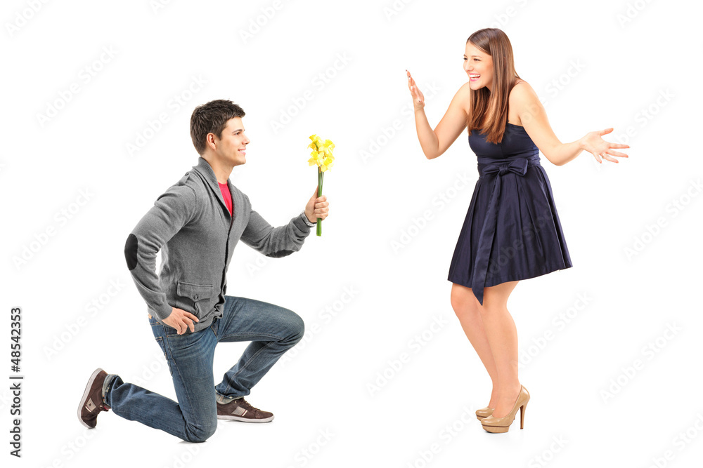 Sticker a male kneeling with flowers and his excited girlfriend