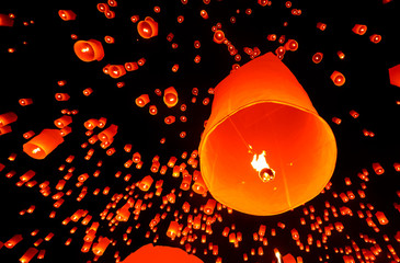 Balloons in yi peng festival at chiangmai,Thailand.