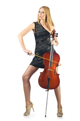 Woman performer with cello on white