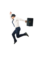 Jumping businessman in business concept on white