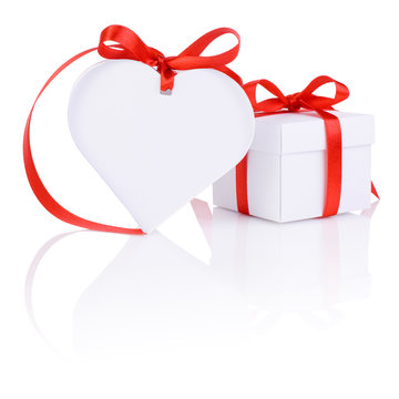 Valentines Day gift in white box and heart red ribbon isolated o