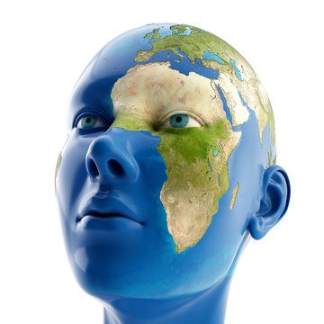 3d woman with map on her face. Elements of this image furnished