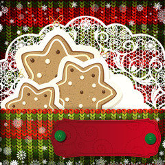 Christmas decorations on handmade knitted background.