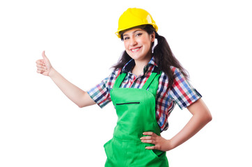 Female construction worker isolated on white