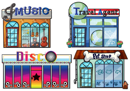 A musical store, travel agent office, disco house and a pet shop