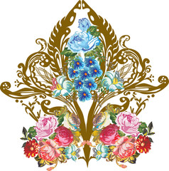 ornamental element with red roses and blue flowers