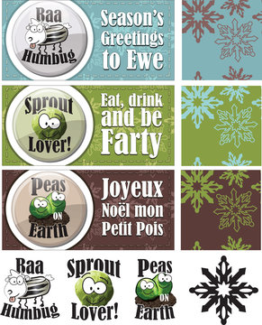 Set of 3 Fun Christmas Cards, repeat vector patterns and icons.