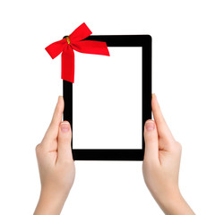 female hands holding a tablet with isolated screen and a red gif