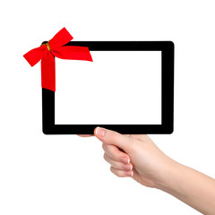 female hands holding a tablet with isolated screen and a red gif