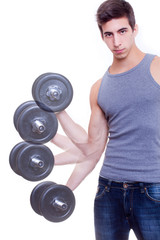 caucasian fitness man in grey t-shirt with barbell in hands