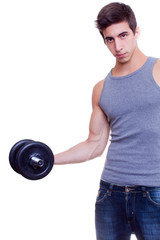 caucasian fitness man in grey t-shirt with barbell in hands