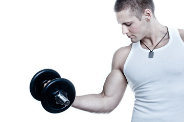 caucasian fitness man in grey t-shirt with barbell in hands