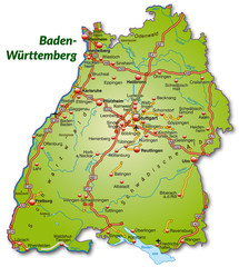 Landkarte von Baden-Württemberg mit Autobahnnetz - obrazy, fototapety, plakaty