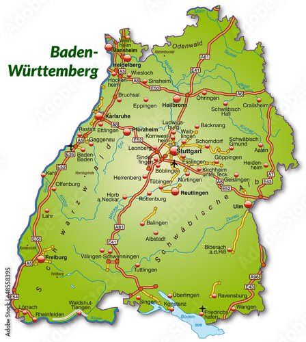 "Landkarte von Baden-Württemberg mit Autobahnnetz" Stockfotos und