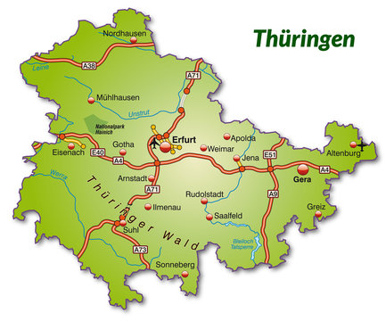 Landkarte von Th&uuml;ringen mit Autobahnnetz