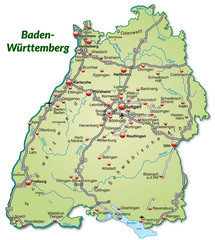 Landkarte von Baden-Württemberg mit Verkehrsnetz - obrazy, fototapety, plakaty
