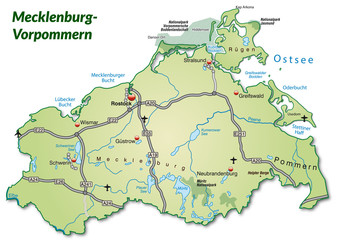 Landkarte von Mecklenburg-Vorpommern mit Verkehrsnetz