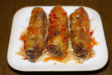 Spring rolls closeup with sauce