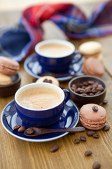 Hot espresso with french macaroons