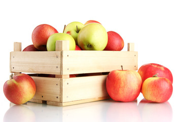 juicy apples in wooden crate, isolated on white