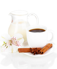 White cup of Turkish coffee with milk isolated on white