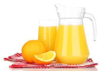Full glass and jug of orange juice and oranges isolated on