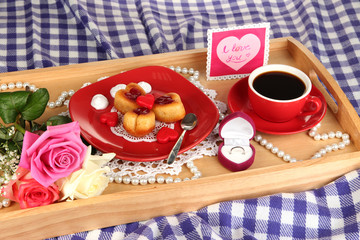 Breakfast in bed on Valentine's Day close-up