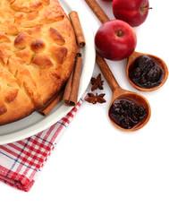tasty homemade pie, apples and jam, isolated on white