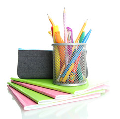 pencil box with school equipment isolated on white