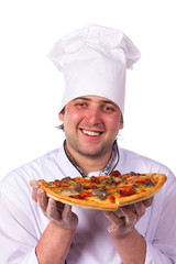 male chef holding a pizza box open