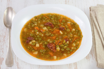 soup with peas and sausages on the plate